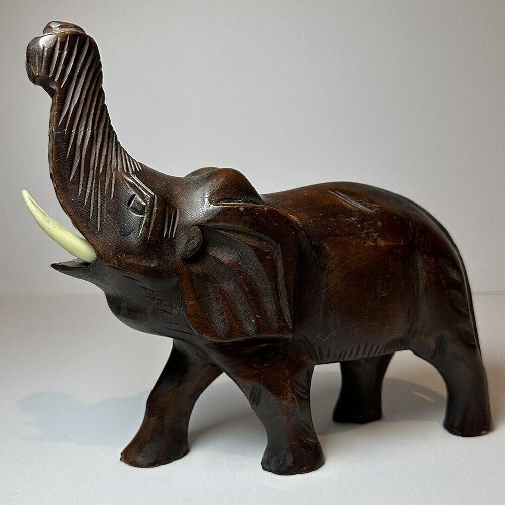 Hand Carved Wood Elephant Figurine with Trunk Up for Luck 5.75" Tall Collectable